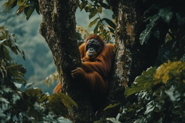 Poster - Orangutan resting in a lush rainforest tree, looking calmly at the camera.