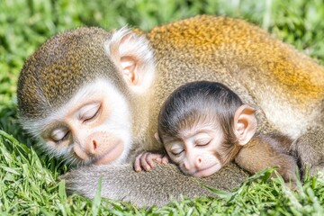 Aufkleber - A mother monkey and her baby sleeping peacefully together in the grass.