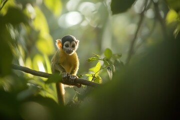 Poster - A small, yellow and black squirrel monkey sits on a tree branch in a lush green forest.