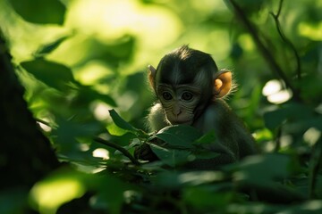 Poster - Adorable baby monkey nestled amongst lush green foliage in a sun-dappled forest.