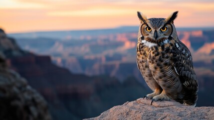Poster - Great horned owl perched on a rock overlooking a vast canyon at sunset.