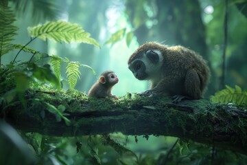 Poster - Mother marmoset monkey and her baby sitting on a mossy branch in a lush green rainforest.