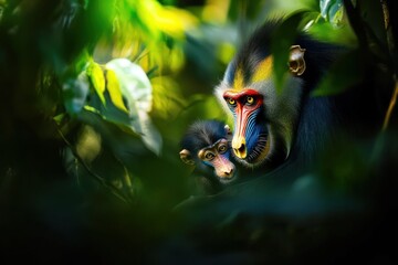 Poster - Mandrill mother and baby in lush rainforest foliage.