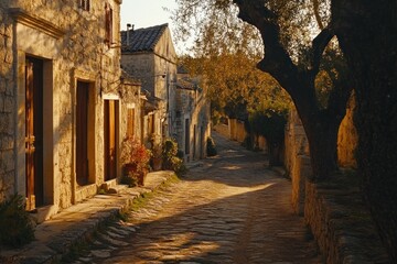 Poster - Sunlit cobblestone street in a historic village with stone houses and trees.