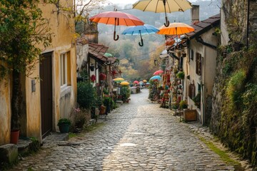 Poster - Colorful umbrellas float above a charming cobblestone street in a quaint European village.