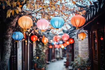 Poster - Colorful lanterns illuminate a narrow, historic alleyway, creating a festive, atmospheric scene.