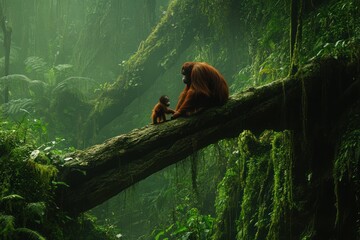 Poster - Orangutan mother and baby sit on a fallen log in a misty rainforest.