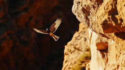 Aufkleber - Kestrel in flight, soaring between canyon rock formations at sunset.