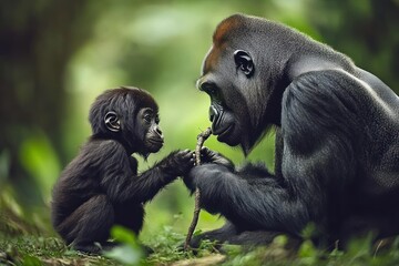 Poster - A mother gorilla tenderly interacts with her baby in a lush green forest. (1)