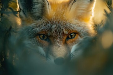 Poster - Close-up of a red fox peering through bushes at sunset.