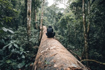 Poster - Black monkey sitting on a large fallen log in a lush green rainforest.