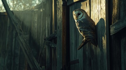 Poster - Barn owl perched on weathered wooden fence, sunlight illuminating its feathers.