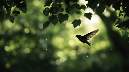 Aufkleber - Silhouette of a bird in flight, amidst sunlit green leaves.