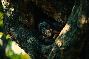 Poster - Orangutan mother and baby snuggled in a tree hollow.