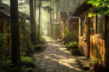 Poster - Sunlit path between rustic wooden cabins in a misty forest.