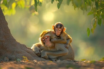 Poster - Mother monkey tenderly cradles her baby, resting peacefully under a tree in soft sunlight.