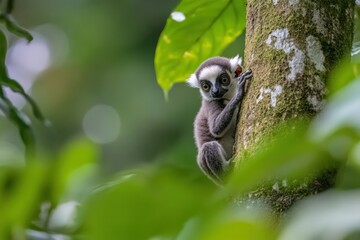 Poster - A young lemur clings to a tree trunk in a lush rainforest, its large eyes gazing intently.