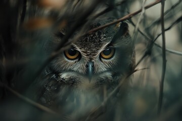 Poster - A majestic owl with piercing yellow eyes, hidden amongst dark branches.