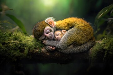 Poster - Two adorable baby monkeys sleeping peacefully nestled together on a mossy tree branch in a lush green forest.