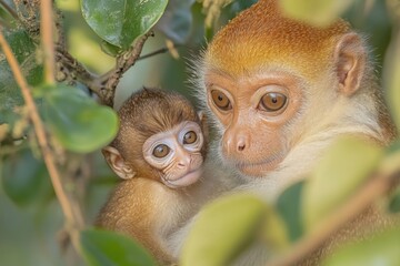 Poster - Close-up of a mother monkey gently cradling her infant in a lush green forest.