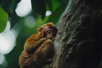 Aufkleber - Adorable baby monkey sleeping peacefully on a tree trunk in lush green foliage.