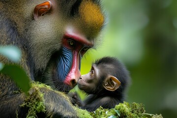 Poster - Close-up of a mandrill mother tenderly cradling her baby in a lush green forest.