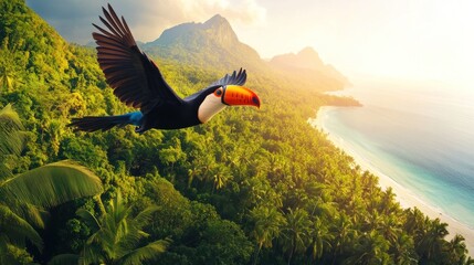 Poster - A toucan in flight over a tropical beach and lush jungle at sunset.