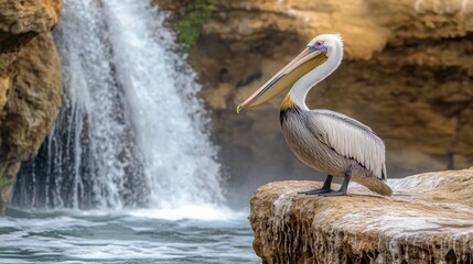 Poster - brown pelican perched on rock near waterfall.