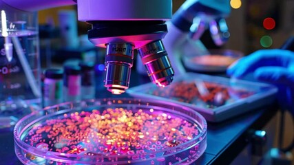 Poster - A close-up view showcases a microscope analyzing colorful stem cell cultures in petri dishes. Bright lights enhance the intricate details of the cellular structures in a laboratory setting.