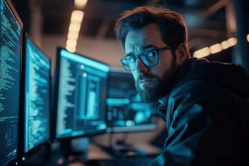 Fototapete - Programmer focused on coding in a dark office with multiple computer screens