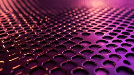 Poster - close-up view of a metallic mesh with a repeating pattern of square holes, illuminated by vibrant pu