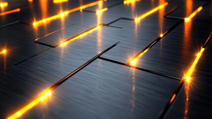 Poster - Futuristic grid of shining lines on a black concrete wall, illuminated by warm, glowing lights