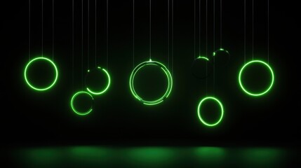 Poster - Collection of glowing green rings hanging from the ceiling in a dark room, casting reflections on the floor