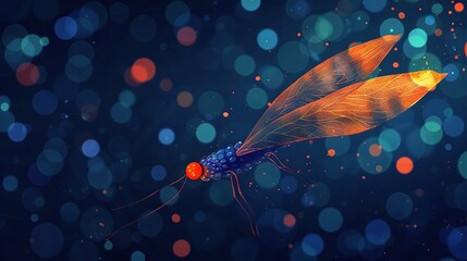   A blue background with a close-up of a flying insect and bokeh lights in the background