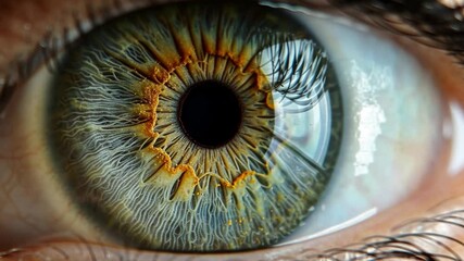 Leinwandbilder - The close-up view reveals a stunning human eye with remarkable colors and intricate patterns, blending nature with advanced technology. The eye captivates with unique textures.