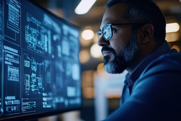 Poster - focused man analyzing digital blueprints on screen