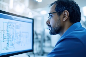 Poster - Engineer analyzing complex blueprint on computer screen