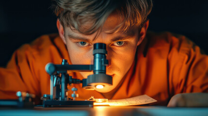 Poster - intense scientist examining specimen under microscope