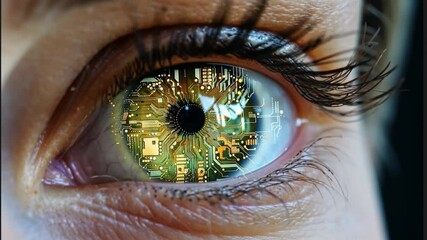 Leinwandbilder - An intricate close-up reveals an eye with a mesmerizing circuit pattern inside, symbolizing the fusion of human perception and advanced technology.