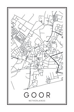 Printable downtown road map poster of the Dutch city of GOOR on solid white background with city name