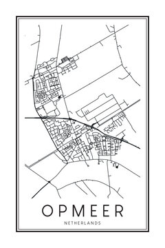 Printable downtown road map poster of the Dutch city of OPMEER on solid white background with city name
