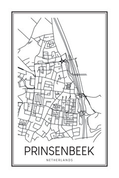 Printable downtown road map poster of the Dutch city of PRINSENBEEK on solid white background with city name