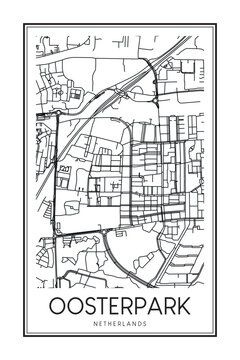 Printable downtown road map poster of the Dutch city of OOSTERPARK on solid white background with city name