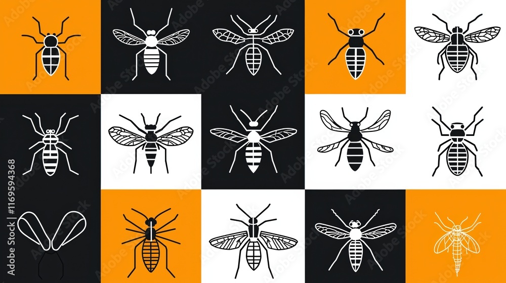 Collection of animated insect icons featuring glowing black, white, and ...