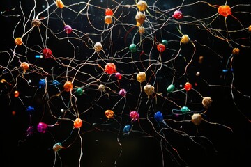 Colorful spheres connected by thin, dark strands.