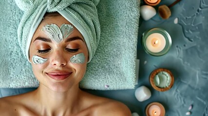 Poster - A young woman enjoys a wellness routine at home, applying a facial mask while surrounded by candles and skincare products. The tranquil atmosphere promotes relaxation and self-care.
