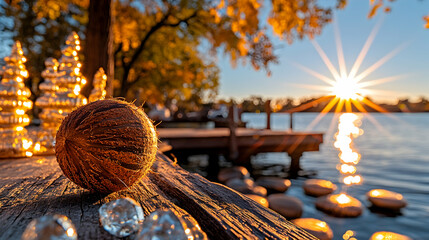 Wall Mural - Autumn sunset over lake, wooden dock, decorative ball.