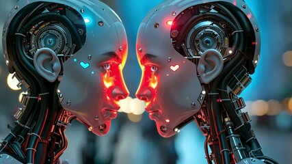 Poster - Two futuristic robotic figures face each other, their expressions illuminated by red and blue lights. Hearts glow on their faces, symbolizing a blend of technology and romance in a vibrant setting.