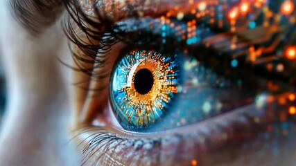 Leinwandbilder - A captivating close-up of a human eye reveals intricate circuitry patterns glowing within the iris.