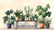 © Thiago - Vintage charm abundant houseplants on a rustic wroughtiron plant stand. Wroughtiron. Illustration